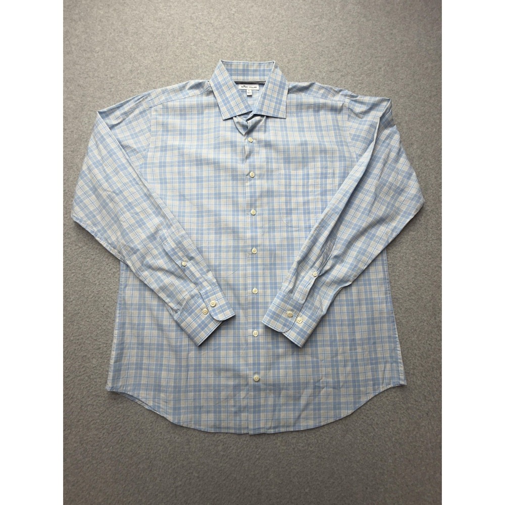 Peter Millar Dress Shirt Mens Large Blue Plaid Cotton‎ Long Sleeve Spread Collar